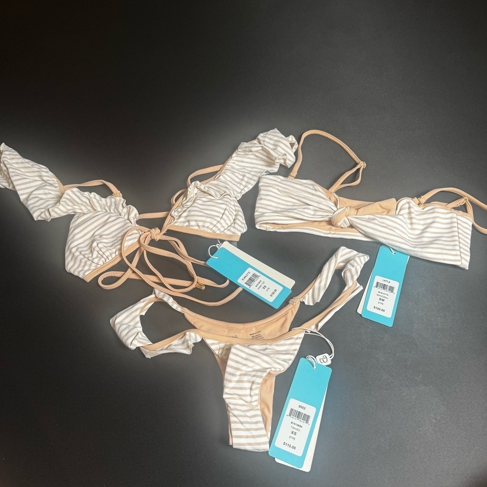 NWT Beach Bunny 3pc Bikini Set Tan Stripe Bandeau + Wrap Top XS/S Bottom XS